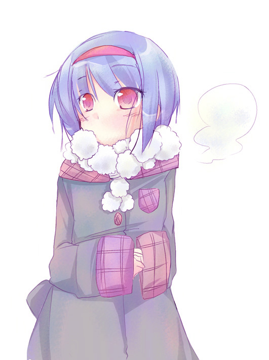 furui suguri, nishizono mio, little busters!, 1girl, blue hair, blush, breath, coat, female focus, fur trim, hands in opposite sleeves, long sleeves, looking down, pink eyes, short hair, simple background, solo, white background, winter clothes, winter coat
