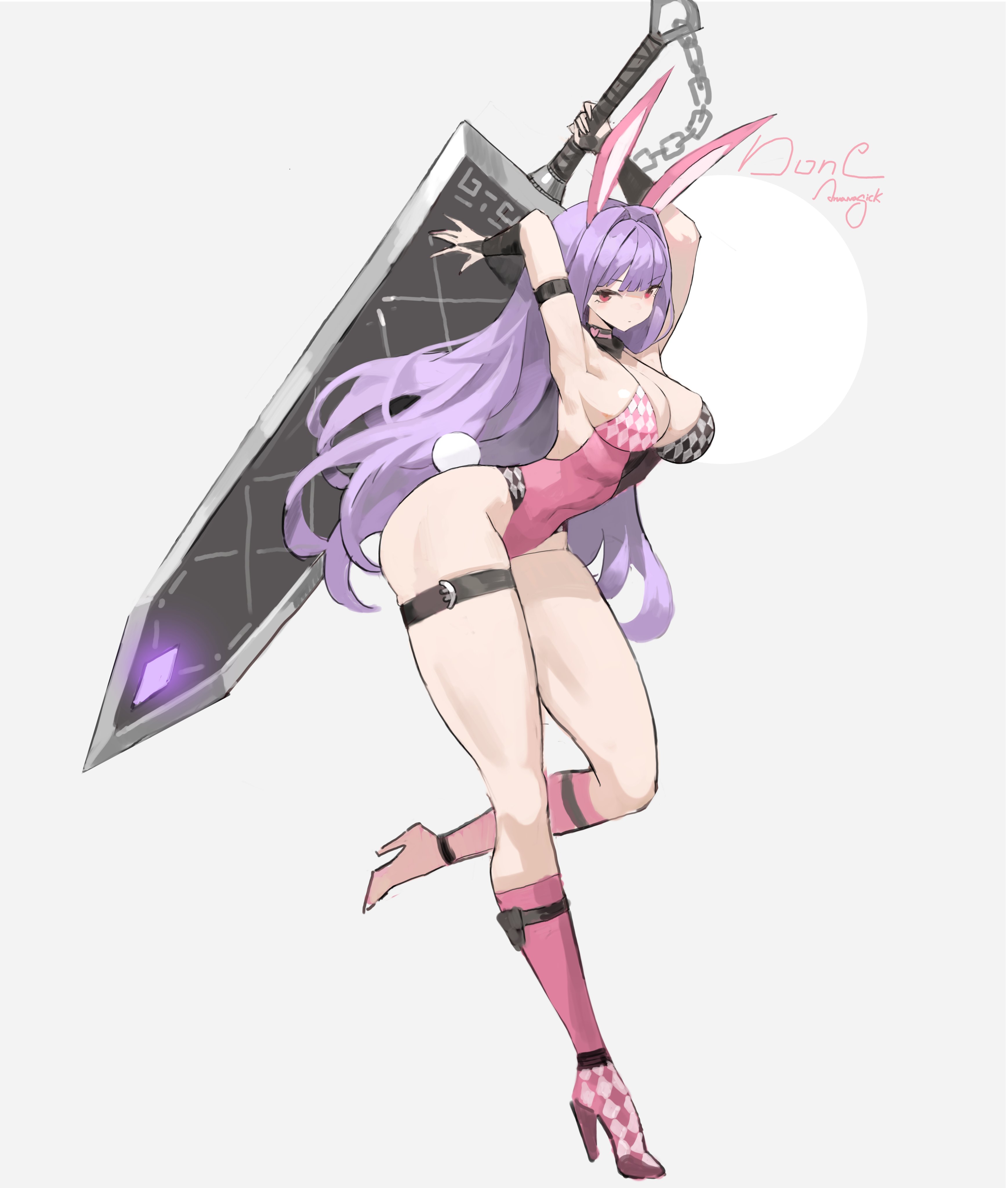 arowana2111, original, absurdres, highres, 1girl, armpits, arms up, ass, belt, black belt, black choker, breasts, choker, covered navel, full body, grey background, hair between eyes, high heels, holding, holding sword, holding weapon, kneehighs, large breasts, leaning forward, leg up, leotard, long hair, looking at viewer, pink leotard, pink socks, purple hair, rabbit tail, red eyes, simple background, socks, solo, standing, standing on one leg, strapless, strapless leotard, sword, tail, thigh belt, thigh strap, thighs, weapon
