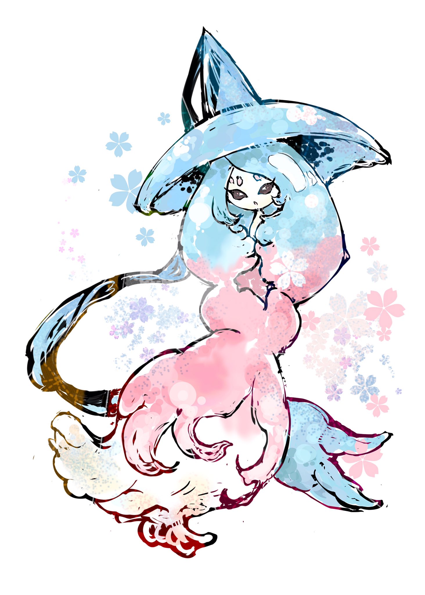 bwmtk1110, hatterene, nintendo, pokemon, highres, 1girl, :o, black sclera, blue hair, colored sclera, colored skin, floral background, full body, gen 8 pokemon, hat, long hair, looking at viewer, multicolored hair, multicolored skin, open mouth, pink hair, pokemon (creature), prehensile hair, simple background, solo, standing, two-tone skin, white background, white eyes, white skin, witch hat