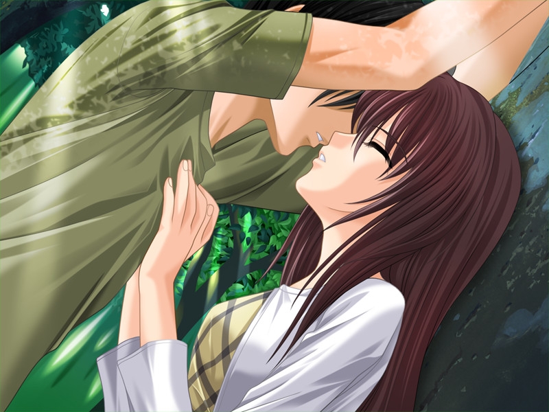 takatsuki noboru, kagura miwa, aniyome, game cg, source request, 00s, 1boy, 1girl, against tree, brown hair, closed eyes, couple, hetero, kiss, long hair, outdoors, tree