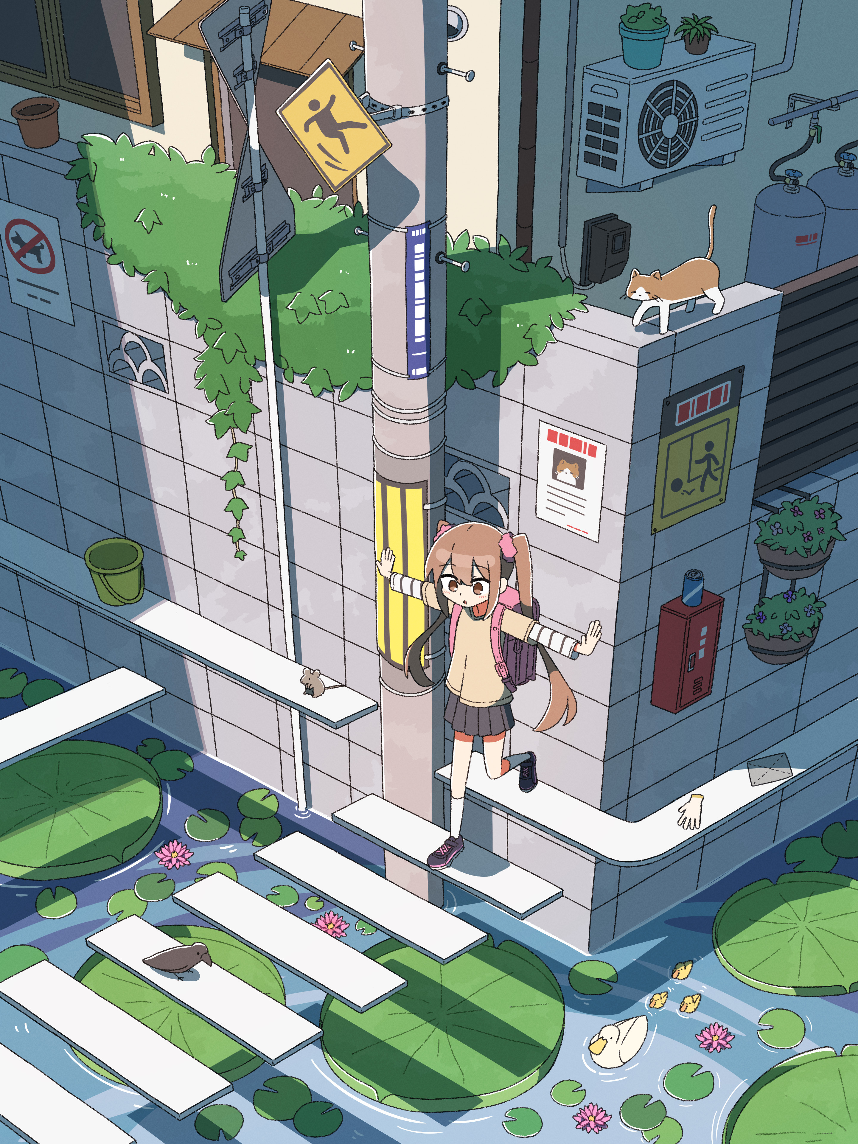 cheribon, original, absurdres, highres, 1girl, air conditioner, animal, backpack, bag, bird, brown eyes, brown hair, cat, fish, flower, hair ornament, lily pad, long hair, looking at animal, outdoors, outstretched arms, pink bag, plant, pleated skirt, potted plant, randoseru, road sign, shirt, short sleeves, sign, skirt, socks, solo, spread arms, standing, trash can, twintails, water