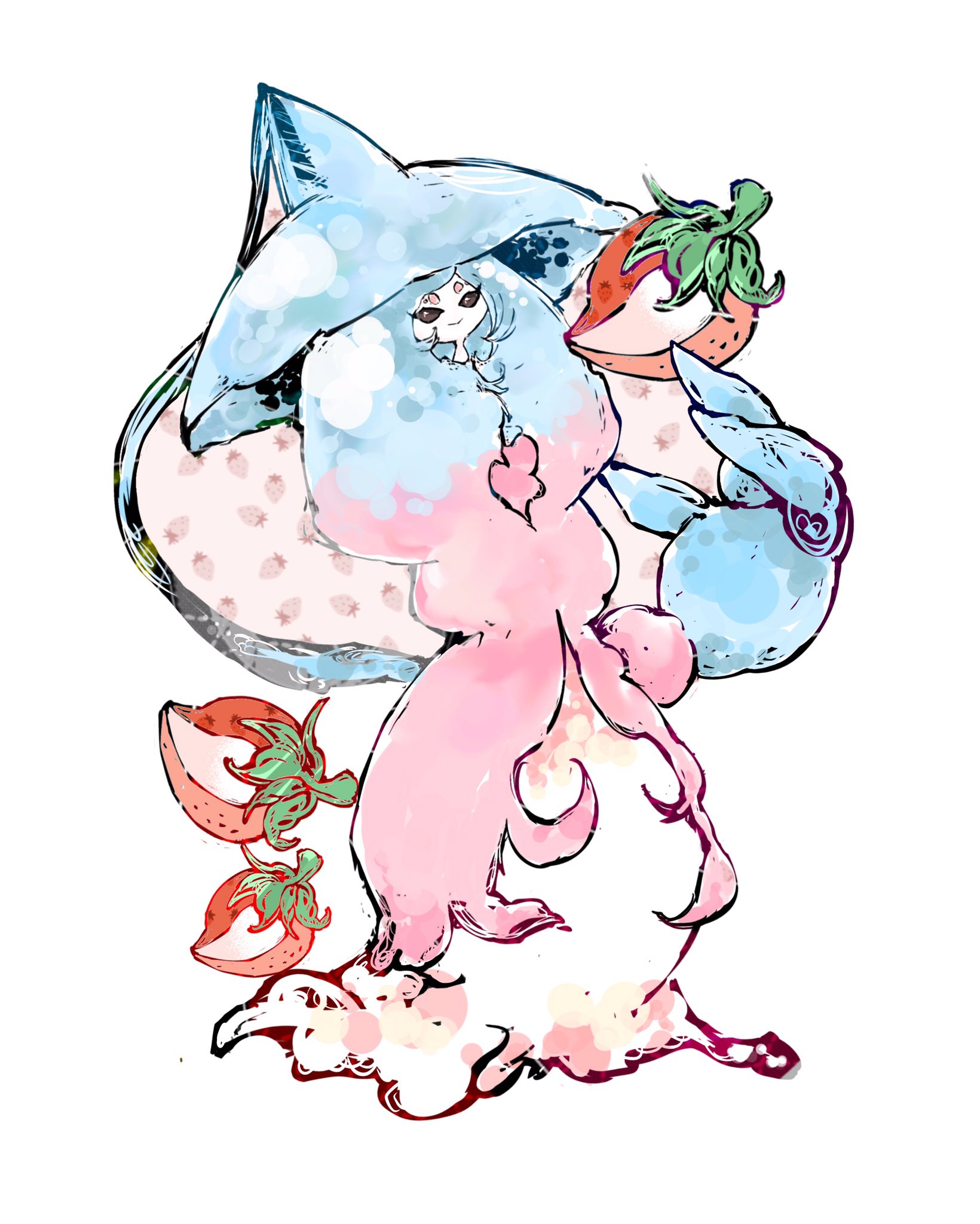 bwmtk1110, hatterene, nintendo, pokemon, highres, 1girl, black sclera, blue hair, closed mouth, colored sclera, colored skin, food, fruit, full body, gen 8 pokemon, hat, long hair, looking at viewer, multicolored hair, multicolored skin, pink hair, pokemon (creature), prehensile hair, simple background, smile, solo, standing, strawberry, two-tone skin, white background, white eyes, white skin, witch hat