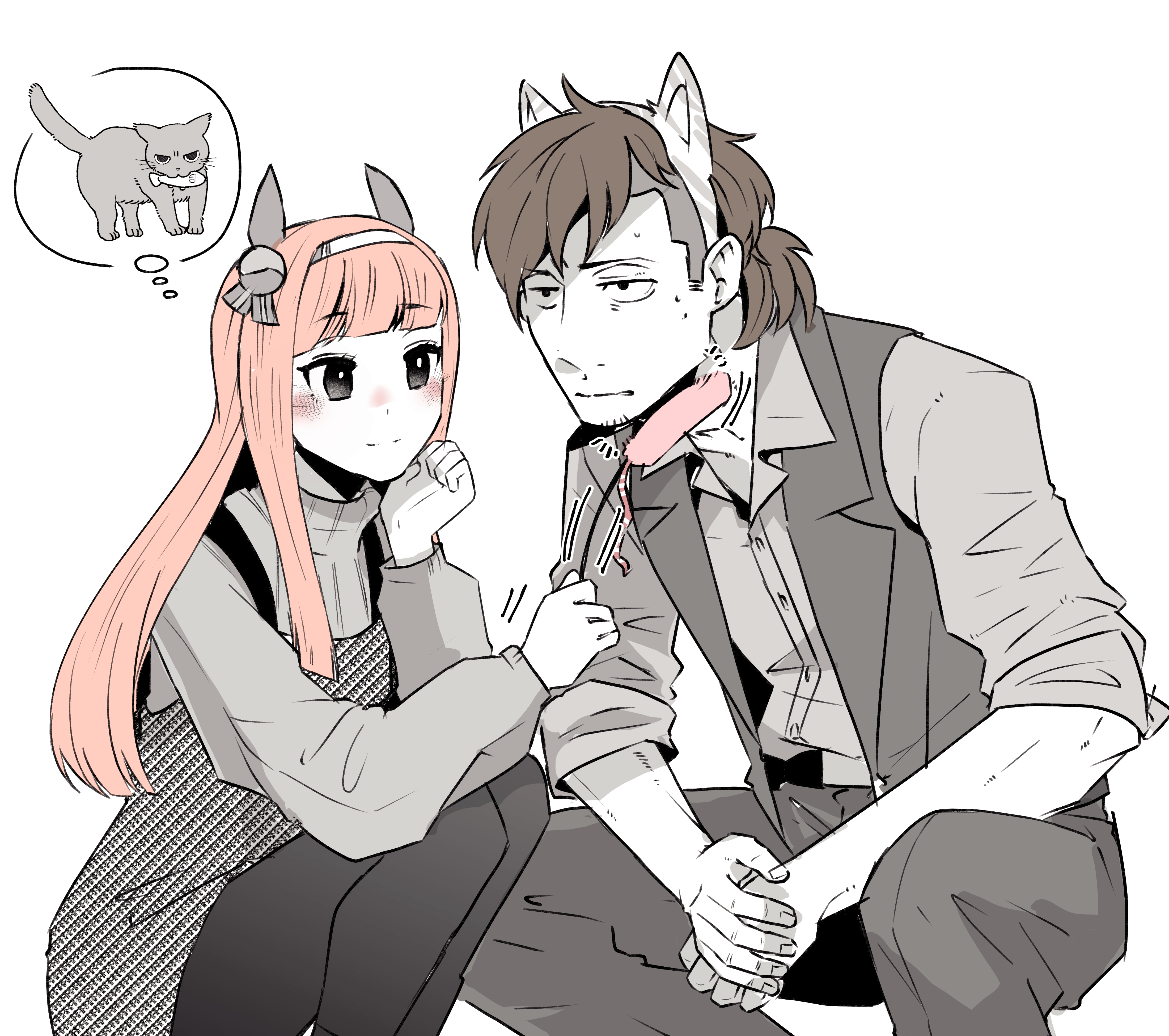 torakinaco, silence suzuka (umamusume), team spica's trainer, trainer (umamusume), umamusume, absurdres, highres, 1girl, animal ears, blunt bangs, blush, bow, cat, cat ears, ear bow, ear covers, ear flower, hair ornament, hairband, hime cut, horse ears, horse girl, long hair, long sleeves, orange hair, pantyhose, smile, white hairband
