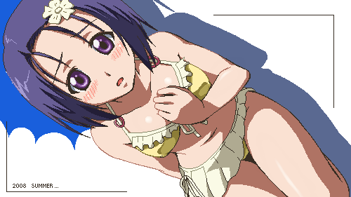 awa, sairenji haruna, to love-ru, lowres, 00s, 1girl, bikini, blue hair, blush, dutch angle, female focus, flower, hair flower, hair ornament, hand on own chest, jaggy lines, kneeling, leaning forward, oekaki, open mouth, purple eyes, shadow, short hair, solo, swimsuit, thigh gap, yellow bikini