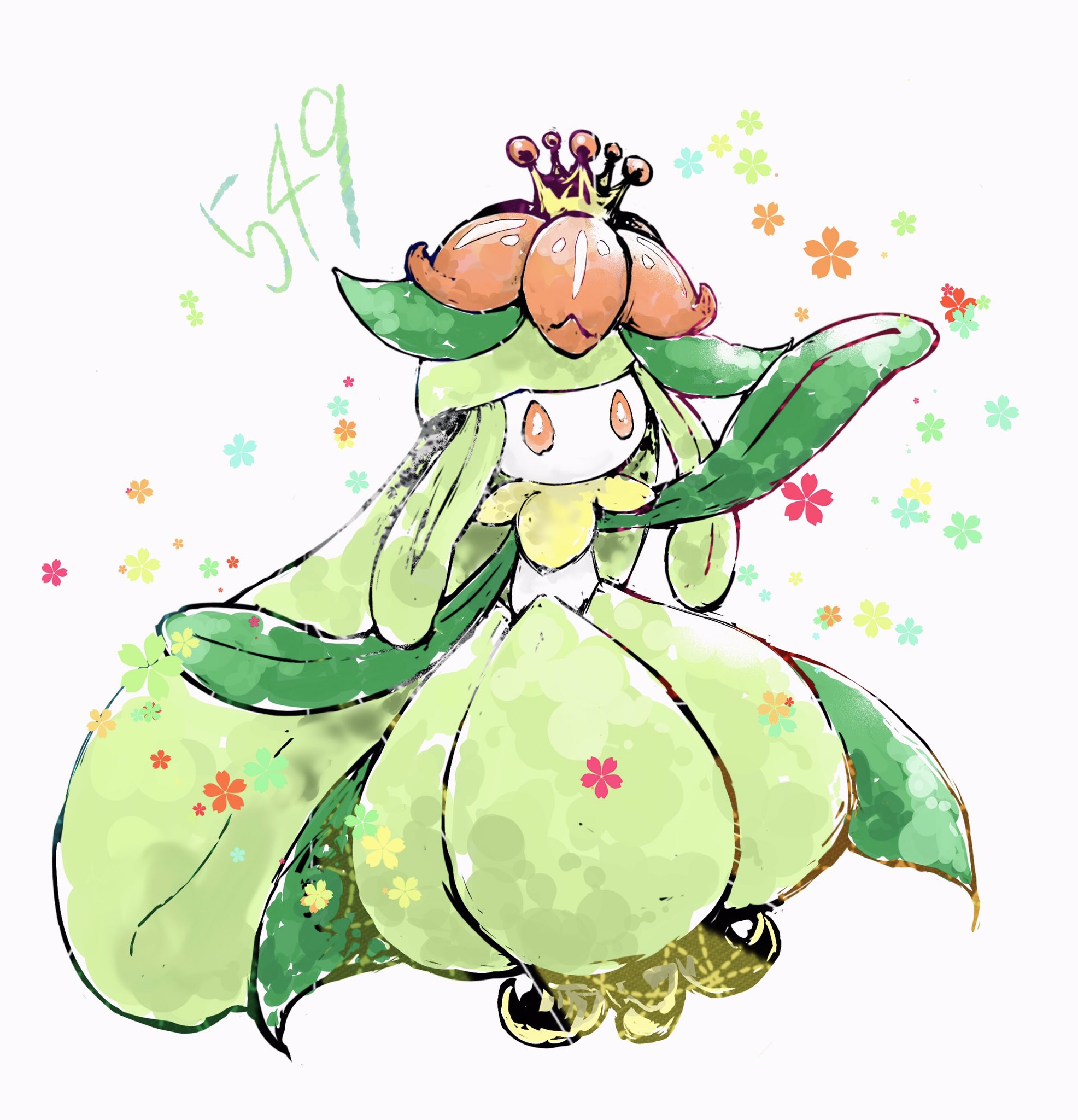 bwmtk1110, lilligant, nintendo, pokemon, highres, 1girl, colored skin, crown, floral background, flower, full body, gen 5 pokemon, gold crown, green hair, green skin, hair flower, hair ornament, long hair, looking at viewer, mini crown, monster girl, multicolored skin, no mouth, orange eyes, orange flower, plant girl, plant hair, pokedex number, pokemon (creature), simple background, solo, standing, two-tone skin, white background, white skin, yellow crown