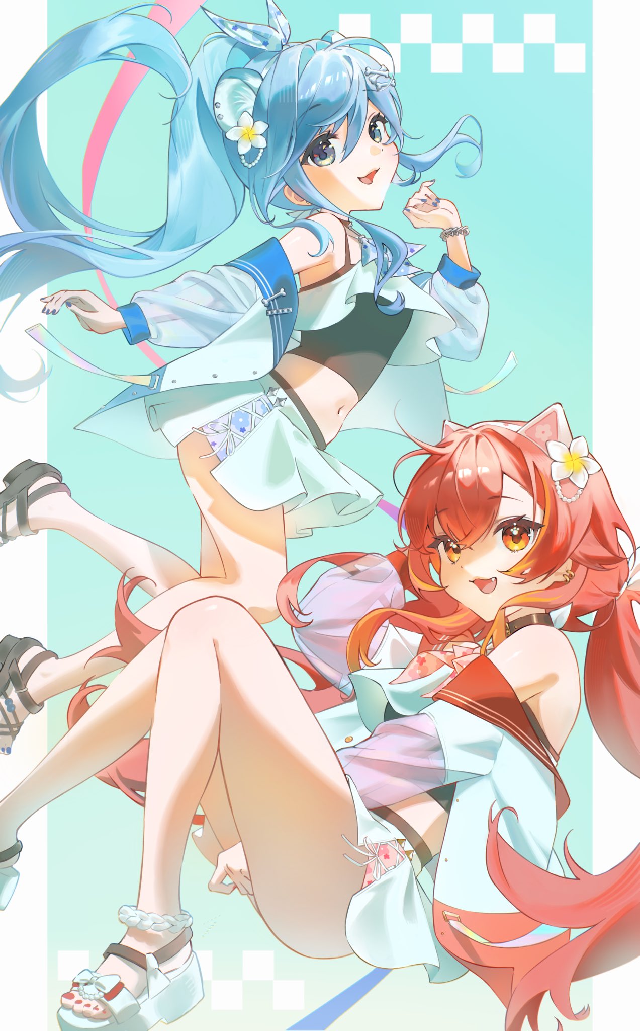 nekota tsuna, yano kuromu, vspo!, hashtag-only commentary, highres, 2girls, animal ear hairband, animal ears, bare shoulders, bear ear hairband, bear ears, black choker, blue eyes, blue hair, blue jacket, border, bracelet, cat ear hairband, cat ears, choker, crop top, fake animal ears, flower, hair flower, hair ornament, hairband, jacket, jewelry, long hair, looking at viewer, low twintails, matching outfits, midriff, miniskirt, multiple girls, mumu 123454321, nail polish, navel, open clothes, open jacket, pillarboxed, ponytail, red eyes, red hair, sandals, see-through clothes, see-through sleeves, skirt, smile, toenail polish, toenails, twintails, virtual youtuber, white border, white jacket