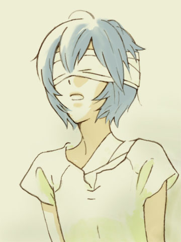gen (susono01), ayanami rei, neon genesis evangelion, lowres, bandages, bandages over eyes, blindfold, blue hair, casual, oekaki, pale skin, short hair, solo