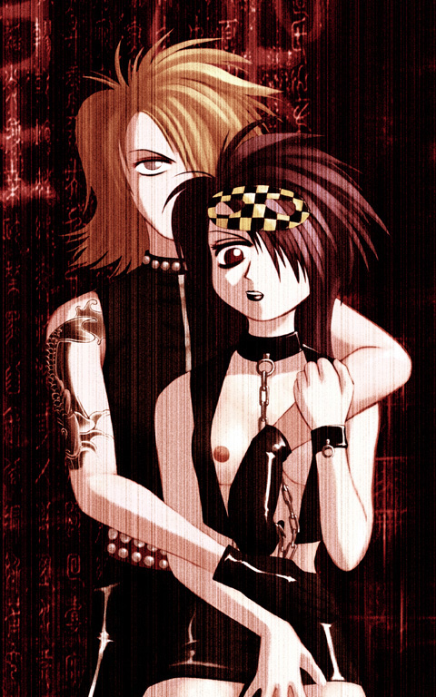 messiah cage, 1boy, 1girl, bdsm, belt, blonde hair, bondage, bound, breasts, brown eyes, brown hair, buttons, chain, choker, cleavage, cuffs, gloves, goth fashion, hair over one eye, lipstick, makeup, mask, nipples, short hair, skirt, small breasts, standing, tattoo, vest, vinyl, yellow eyes