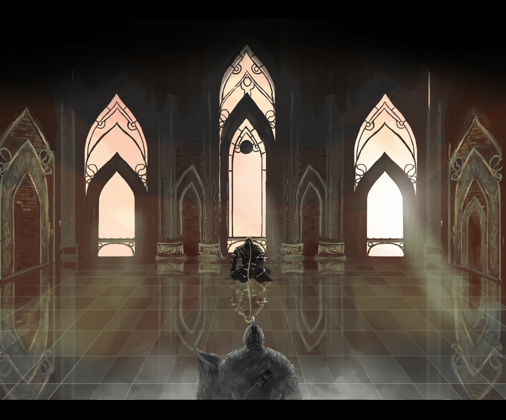 aby, bearer of the curse, dark souls (series), dark souls ii, commentary request, highres, 1boy, 1other, ambiguous gender, cape, from behind, fur cape, helm, helmet, holding, holding shield, in-universe location, indoors, letterboxed, quiver, reflective floor, shield, sir alonne, tile floor, tiles, upper body, window
