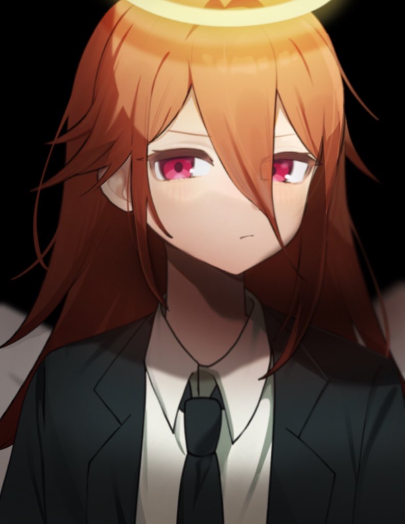 peso (pesomeren), angel devil (chainsaw man), chainsaw man, 1boy, angel wings, black background, black jacket, black necktie, closed mouth, collared shirt, formal clothes, hair between eyes, halo, jacket, long hair, long hair between eyes, male focus, necktie, pink eyes, red hair, shirt, solo, suit, suit jacket, traditional halo, white shirt, wings