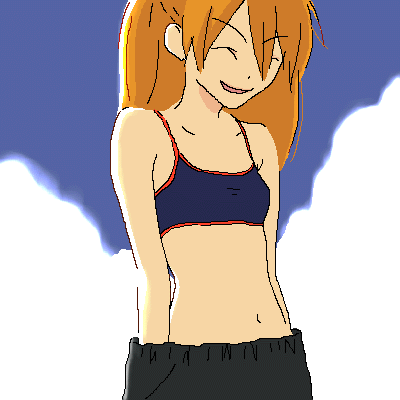 gen (susono01), souryuu asuka langley, neon genesis evangelion, lowres, ^ ^, closed eyes, cloud, day, flat chest, happy, long hair, midriff, oekaki, orange hair, red hair, sky, smile, solo, sports bra, tank top