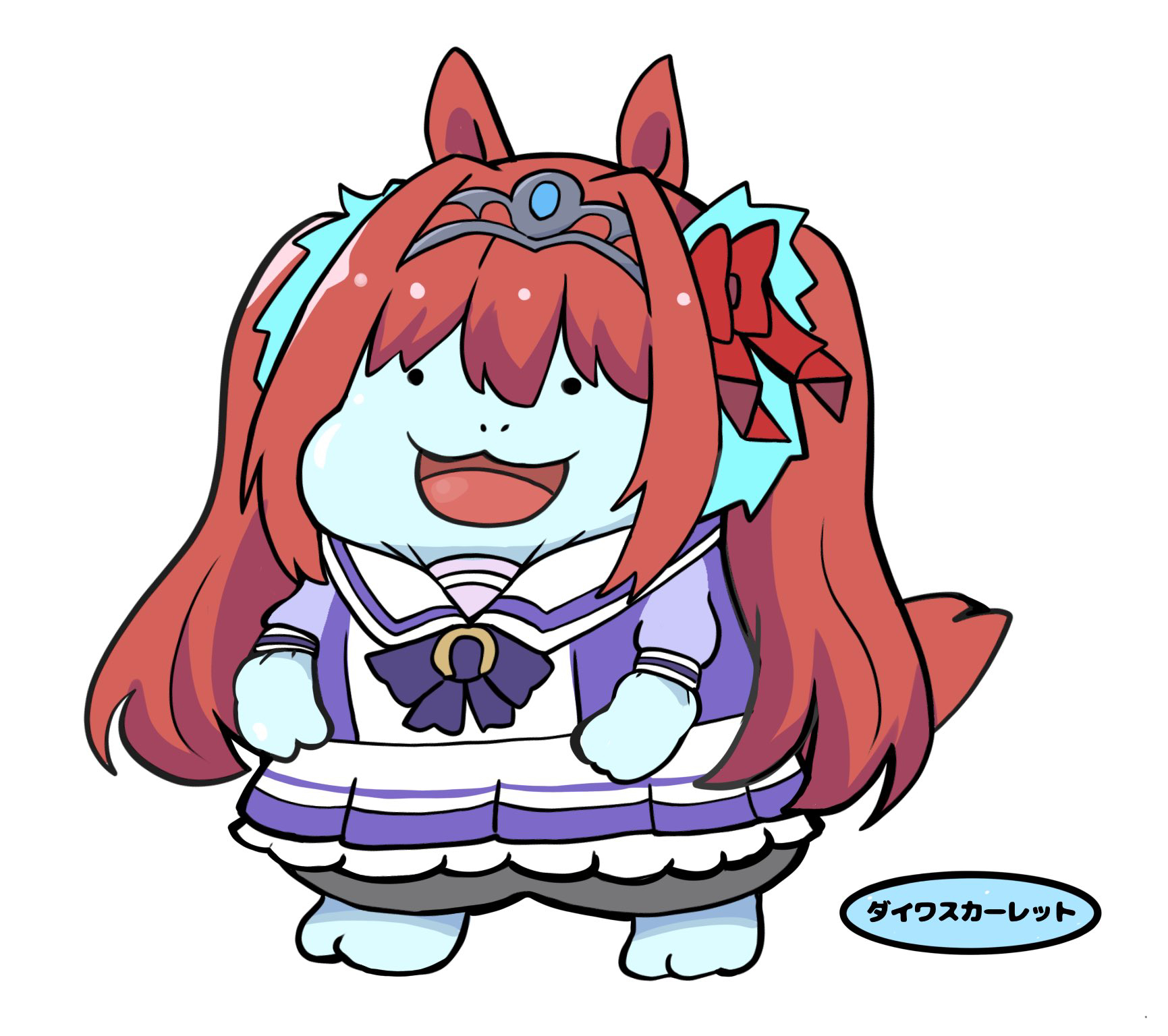 kawamochi (tddm3573), daiwa scarlet (umamusume), quagsire, nintendo, pokemon, umamusume, highres, . ., :d, animal ears, brown hair, character name, full body, gen 2 pokemon, hair between eyes, horse ears, horse tail, long hair, open mouth, pleated skirt, pokemon (creature), puffy short sleeves, puffy sleeves, purple shirt, school uniform, shirt, short sleeves, simple background, skindentation, skirt, smile, solo, standing, tail, tiara, tracen school uniform, twintails, very long hair, white background, white skirt