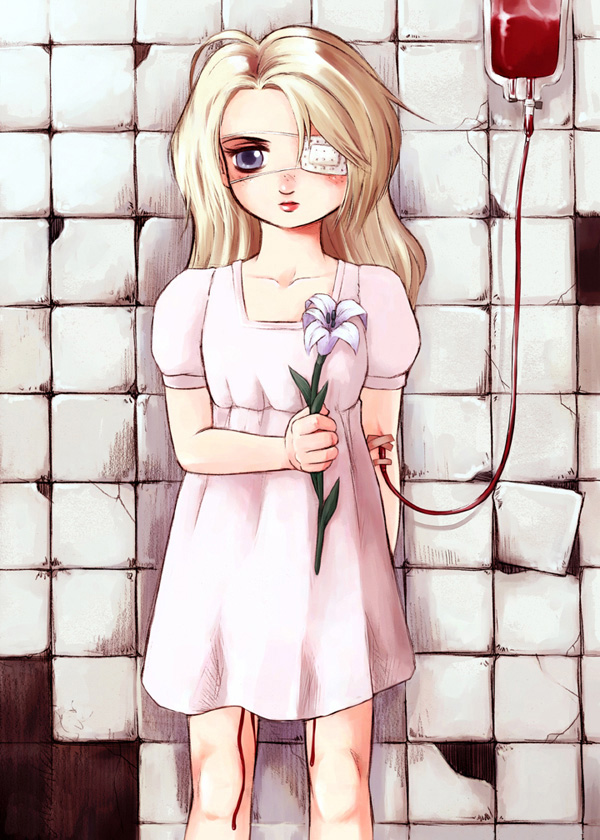 messiah cage, 1girl, bandages, bleeding, blonde hair, blood, blood bag, blue eyes, blunt bangs, child, dress, eyepatch, facing viewer, feet out of frame, female focus, flower, indoors, injury, intravenous drip, lily (flower), long hair, looking at viewer, medical, medical eyepatch, menstruation, short dress, short sleeves, solo, standing, tile wall, tiles