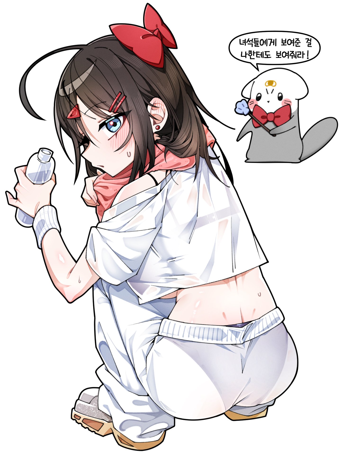 shirayuki hina, stellive, highres, translation request, 1girl, ahoge, ass, backboob, black bra, blue panties, blush, bottle, bow, bowtie, bra, breasts, brown hair, cropped shirt, dimples of venus, earrings, from behind, full body, haedungi (shirayuki hina), hair bow, hair ornament, hairclip, holding, holding bottle, holding wand, jewelry, korean text, large breasts, long hair, looking at viewer, looking back, mismatched underwear, off shoulder, open mouth, otter, panties, pants, red bow, red bowtie, sammi (33ammi), seashell, see-through clothes, see-through pants, see-through shirt, shell, shirt, shoes, sideways glance, sneakers, speech bubble, squatting, stud earrings, sweat, sweatband, towel, towel around neck, underwear, wand, water bottle, white pants, white shirt, white shoes, wristband