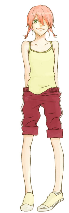 gen (susono01), haruhara haruko, flcl, 00s, 1girl, alternate hairstyle, braid, camisole, female focus, green eyes, hair over one eye, hand under clothes, hands in pants, oekaki, pink hair, shorts, smile, solo, twin braids