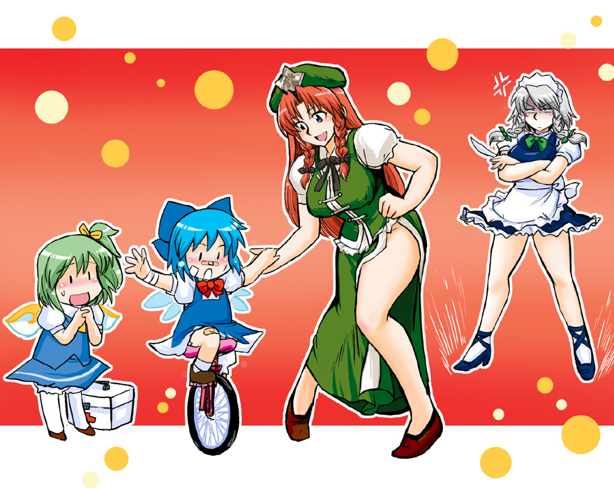 azuki osamitsu, cirno, daiyousei, hong meiling, izayoi sakuya, embodiment of scarlet devil, touhou, silver hair, 4girls, :d, annoyed, apron, bandaid, blue hair, bow, braid, breasts, chibi, china dress, chinese clothes, crossed arms, dress, fairy wings, female focus, first aid kit, frills, green hair, hair bow, hair ribbon, hat, high heels, knife, large bow, large breasts, long hair, maid, maid apron, maid headdress, multiple girls, open mouth, red hair, ribbon, shaded face, shoes, side ponytail, side slit, smile, star (symbol), sweatdrop, team 9 (touhou), twin braids, unicycle, waist apron, wings, | |