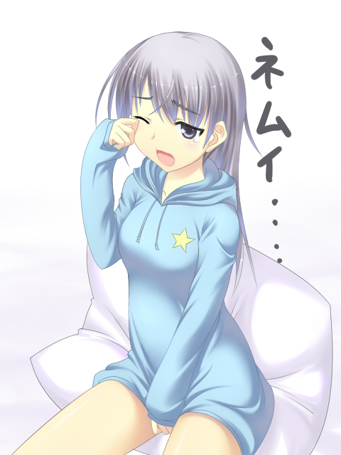 izumi sai, eila ilmatar juutilainen, strike witches, world witches series, bad id, bad pixiv id, translated, 00s, 1girl, between legs, blue eyes, bottomless, female focus, hand between legs, hood, hoodie, long hair, official alternate costume, one eye closed, open mouth, pillow, sleepy, solo, star (symbol), wink
