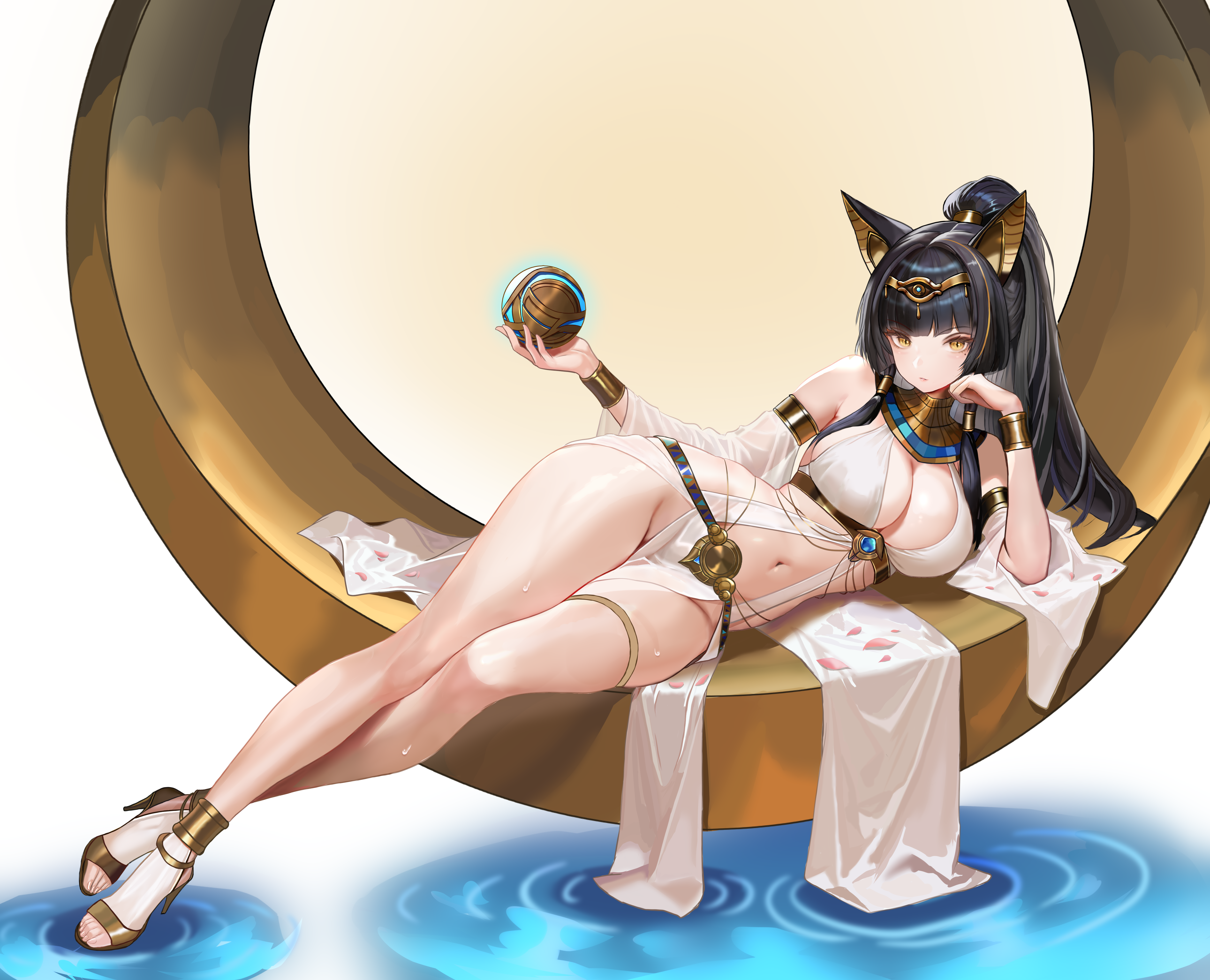wonderkeyu, original, gold armlet, absurdres, commentary request, highres, 1girl, ancient egyptian clothes, animal ears, armlet, bare legs, black hair, blue gemstone, blunt bangs, breasts, center opening, cleavage, closed mouth, clothing cutout, detached sleeves, dress, elbow rest, feet, full body, gem, gold, gold wrist cuffs, gradient background, groin, hand on own cheek, hand on own face, headpiece, high heels, holding, jewelry, large breasts, legs, long hair, looking at viewer, lying, mole, mole under eye, navel, on side, pelvic curtain, pink petals, ponytail, ripples, sandals, see-through clothes, see-through sleeves, solo, strappy heels, thighs, toenails, toes, usekh collar, very long hair, water, white dress, yellow background, yellow eyes
