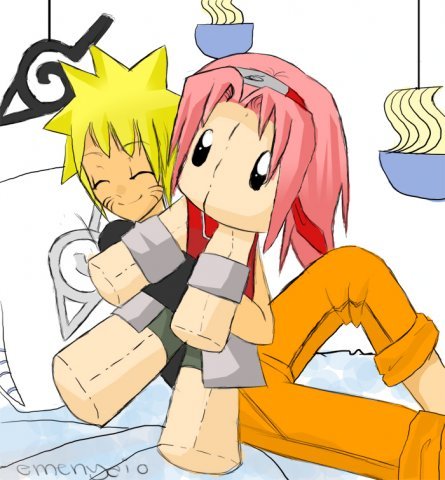 haruno sakura, uzumaki naruto, naruto (classic), naruto (series), artist request, lowres, character doll, doll, food, noodles, pillow, ramen