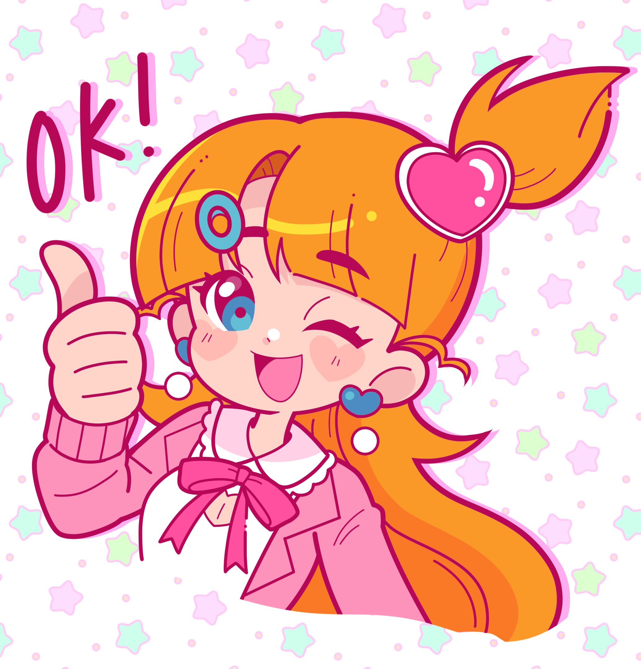 marikyuunn, marikyuunn (vtuber), marikyuunn (vtuber) (classic), indie virtual youtuber, commentary, english commentary, highres, 1girl, ;d, artist self-insert, blue eyes, blunt bangs, blush stickers, breasts, cleavage cutout, clothing cutout, collared shirt, cropped torso, dot nose, earrings, english text, frilled shirt collar, frills, hair ornament, hairclip, hand up, heart, heart-shaped blush stickers, heart cutout, heart earrings, heart hair ornament, jacket, jewelry, lapels, long hair, long sleeves, looking at viewer, medium breasts, neck ribbon, one eye closed, one side up, open clothes, open jacket, open mouth, orange hair, pink jacket, pink ribbon, ribbon, shirt, smile, solo, star (symbol), star symbol background, tareme, thick eyebrows, thumbs up, very long hair, virtual youtuber, white background, white shirt