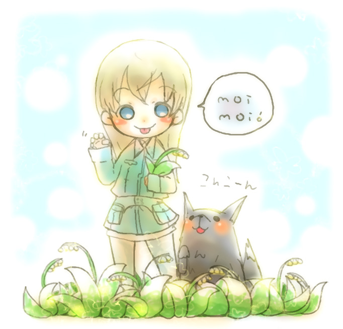 muro, eila ilmatar juutilainen, strike witches, world witches series, silver hair, uniform, translated, 00s, 1girl, blonde hair, blue eyes, blush, dog, female focus, finnish text, flower, fox, long hair, pantyhose, smile, solo, tongue