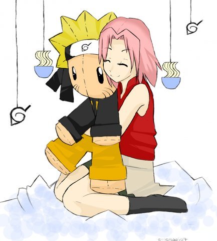 haruno sakura, uzumaki naruto, naruto (classic), naruto (series), artist request, lowres, character doll, doll, food, noodles, ramen, solo