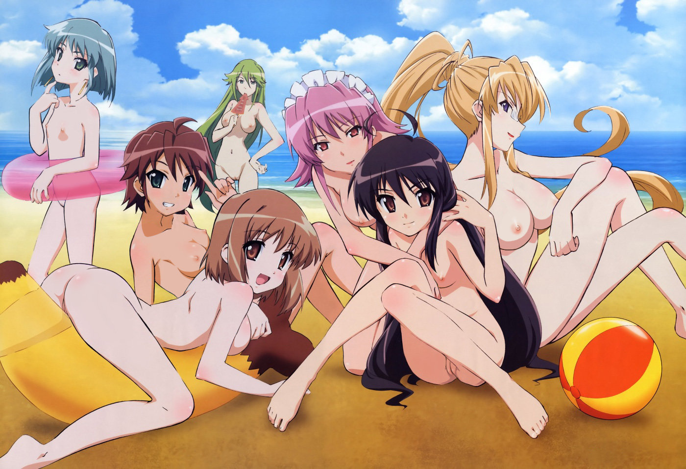 aizawa sumie, hecate (shakugan no shana), margery daw, ogata matake, pheles, shana, wilhelmina carmel, yoshida kazumi, shakugan no shana, shakugan no shana ii, nude filter, scan, third-party edit, 00s, 6+girls, :d, age difference, ahoge, antenna hair, aqua eyes, arched back, ass, back, ball, banana, banana boat, barefoot, beach, beachball, black hair, blonde hair, blue eyes, blue hair, blue sky, blush, bob cut, body blush, breasts, breasts apart, brown eyes, brown hair, cleft of venus, cloud, cloudy sky, crossed legs, day, earrings, eating, everyone, feet, female focus, finger to face, finger to own chin, flat chest, flipped hair, floating hair, food, frills, from side, fruit, glasses, green eyes, green hair, grin, hair between eyes, hand on own hip, head tilt, high ponytail, hug, hug from behind, ikayaki, index finger raised, inflatable raft, innertube, jewelry, knees together feet apart, large breasts, leaning forward, lipstick, loli, long hair, looking at viewer, looking back, lying, maid headdress, makeup, mature female, multiple girls, nipples, nude, ocean, on ground, on stomach, open mouth, orange eyes, outdoors, pince-nez, pink eyes, pink hair, ponytail, profile, public indecency, public nudity, purple hair, pussy, reclining, red lips, short hair, sideboob, sidelocks, sitting, sky, small breasts, smile, squid, standing, straddling, swim ring, tan, tomboy, transparent, uncensored, very long hair, water, wide hips