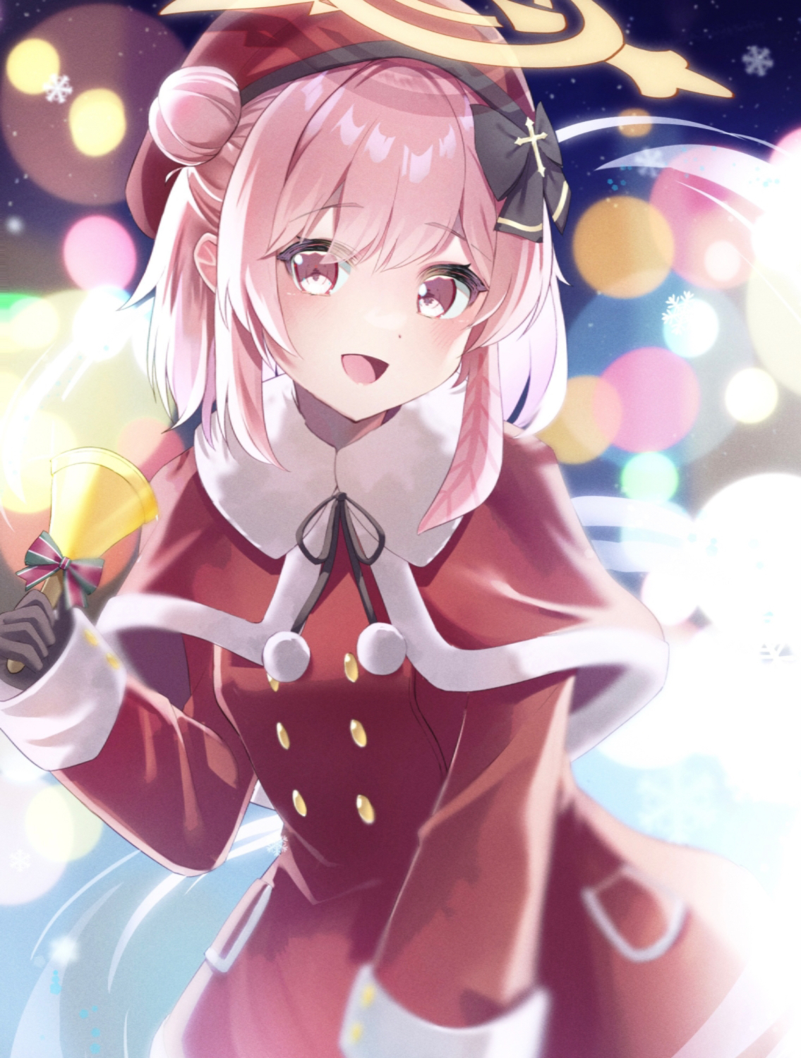 no.054 (adar5857), serina (blue archive), serina (christmas) (blue archive), blue archive, commentary, highres, 1girl, :d, bell, black bow, black gloves, blush, bow, buttons, capelet, christmas, cowboy shot, cross hat ornament, double-breasted, dress, eyes visible through hair, feather hair, fur-trimmed capelet, fur-trimmed dress, fur-trimmed sleeves, fur trim, gloves, hair between eyes, hair bun, halo, hand up, happy, hat, hat bow, holding, holding bell, looking at viewer, medium hair, night, official alternate costume, official alternate hairstyle, open mouth, outdoors, pink eyes, pink hair, pom pom (clothes), red capelet, red dress, red hat, santa costume, single side bun, sleeves past wrists, smile, snowflakes, solo, yellow halo