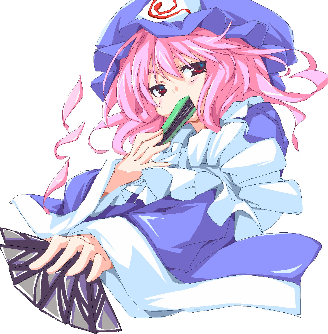 imuraya ayuka, saigyouji yuyuko, touhou, 1girl, arm garter, dual wielding, female focus, folded fan, folding fan, frills, hand fan, hat, holding, looking at viewer, mob cap, pink eyes, pink hair, solo, triangular headpiece