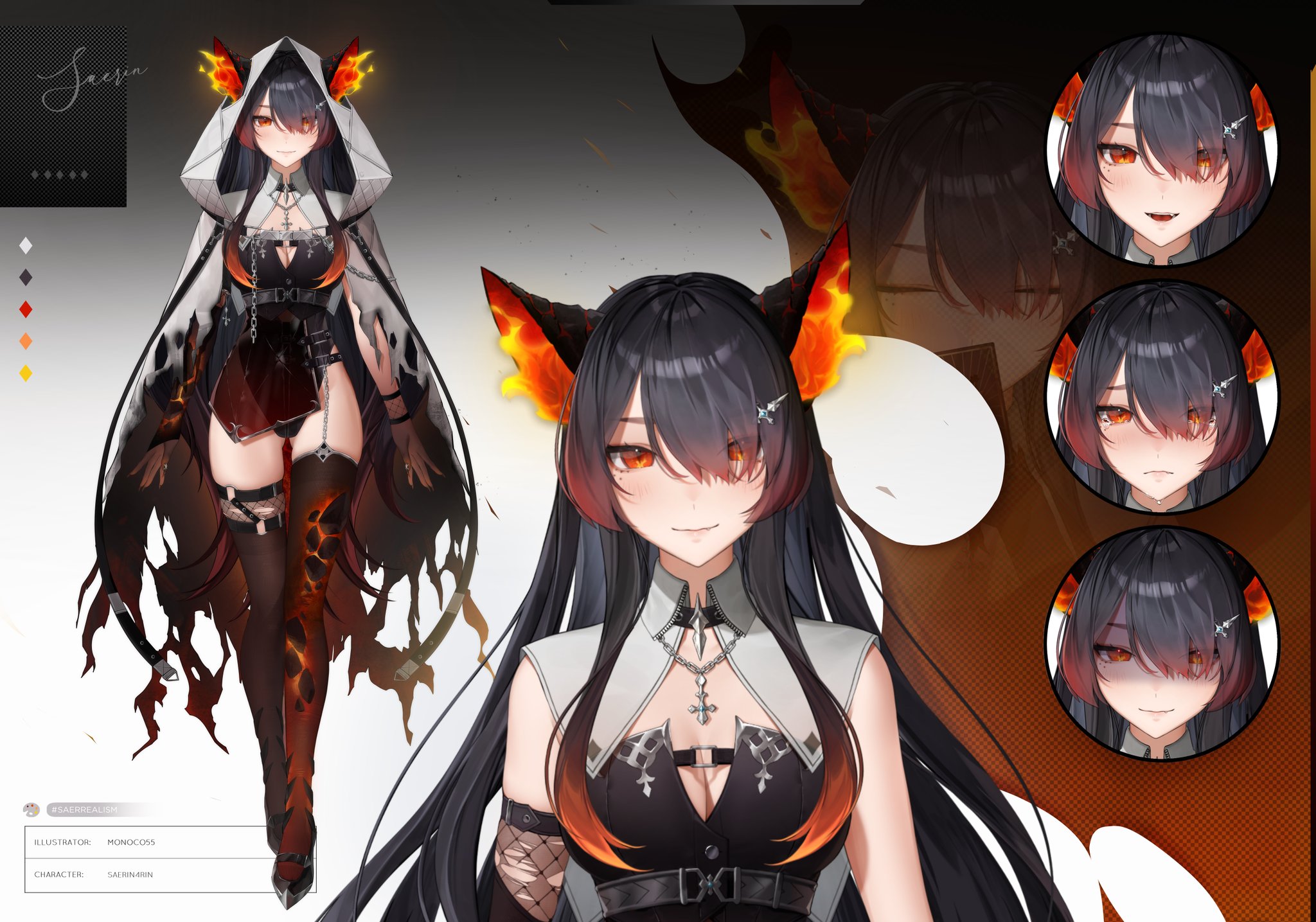 monoco55, indie virtual youtuber, highres, official art, 1girl, 4rin+, animal ears, artist name, belt, black hair, black leotard, breasts, chain, character name, cleavage, closed mouth, color guide, dog ears, ears through hood, eyes in shadow, fiery ears, fishnets, hair ornament, leotard, long hair, multiple expressions, official alternate costume, red eyes, thighhighs, virtual youtuber
