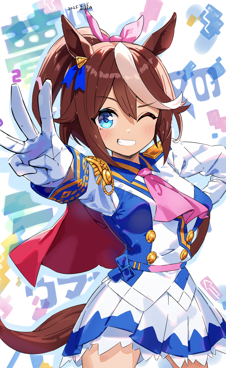 alsea, tokai teio (peak joy) (umamusume), tokai teio (umamusume), umamusume, highres, 1girl, animal ears, ascot, asymmetrical gloves, boots, bow, buttons, cape, double-breasted, ear ribbon, epaulettes, gloves, horse ears, horse girl, horse tail, jacket, mismatched gloves, multicolored hair, multicolored jacket, pink ascot, red cape, single epaulette, skirt, streaked hair, tail, two-tone jacket, two-tone skirt, white boots, white jacket, white skirt