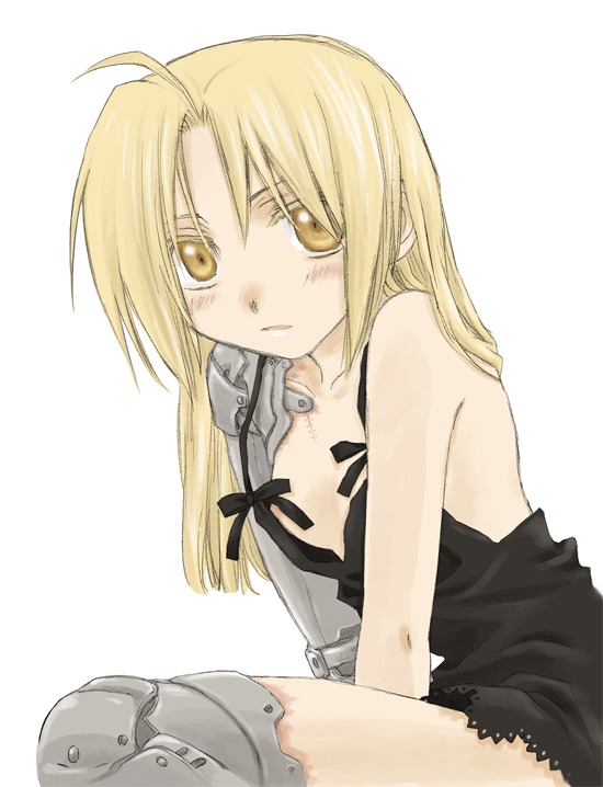 edoko, edward elric, fullmetal alchemist, duplicate, 00s, 1girl, ahoge, armor, blonde hair, blush, female focus, flat chest, genderswap, genderswap (mtf), lingerie, long hair, nipple slip, nipples, prosthesis, solo, underwear, yellow eyes