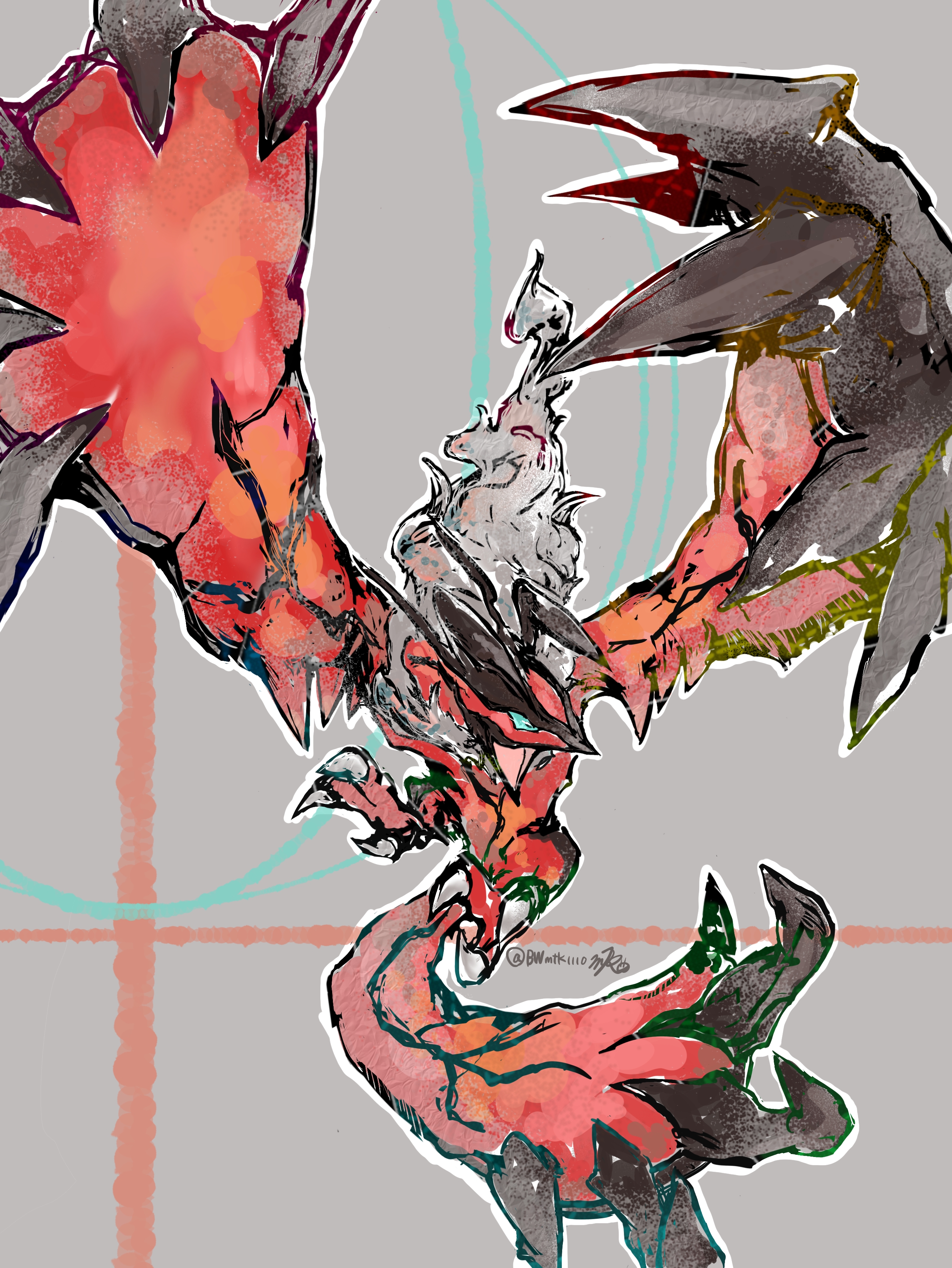 bwmtk1110, yveltal, nintendo, pokemon, absurdres, highres, animal focus, black horns, blue eyes, blue sclera, claws, colored sclera, flying, full body, gen 6 pokemon, grey background, horns, legendary pokemon, looking at viewer, no humans, open mouth, pokemon (creature), pokemon focus, simple background, solo, talons, wings