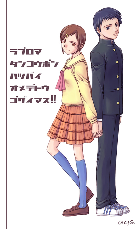 orebalgum, hoshino hajime, negishi yumiko, love roma, commentary request, korean commentary, translation request, 1boy, 1girl, back-to-back, black jacket, black pants, black sleeves, blue eyes, blue hair, blue socks, breasts, brown eyes, brown hair, closed mouth, collared jacket, collared shirt, cross-laced shoes, fringe trim, from side, gakuran, hair ornament, hairclip, height difference, high collar, holding hands, jacket, kiltie loafers, kneehighs, legs apart, legs together, light smile, long sleeves, looking at another, looking at viewer, miniskirt, neckerchief, nose, orange skirt, pants, plaid clothes, plaid skirt, pleated skirt, red neckerchief, sailor collar, school uniform, serafuku, shirt, shoes, short hair, simple background, skirt, sleeve cuffs, small breasts, sneakers, socks, split mouth, standing, standing on one leg, swept bangs, white background, white shoes, yellow sailor collar, yellow shirt, yellow sleeves