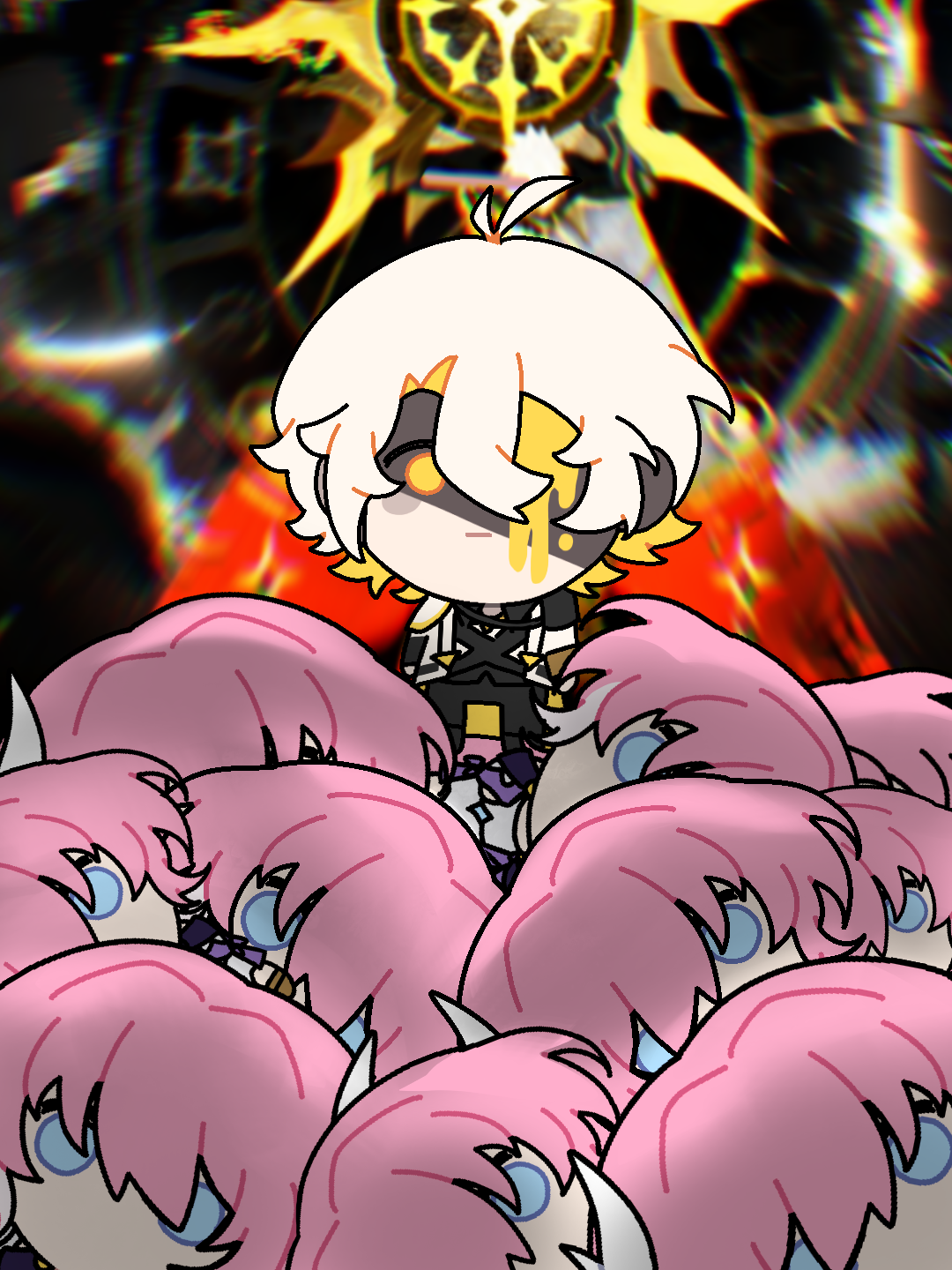 cyrene (honkai: star rail), phainon (honkai: star rail), phainon (khaslana) (honkai: star rail), honkai: star rail, honkai (series), chinese commentary, commentary request, highres, 1boy, 4381503880, 6+girls, ahoge, black pants, black shirt, blonde hair, blood, blood on face, chibi, cyrene (aedes elysiae) (honkai: star rail), hair ornament, multiple girls, pants, pink hair, shirt, short hair, yellow eyes
