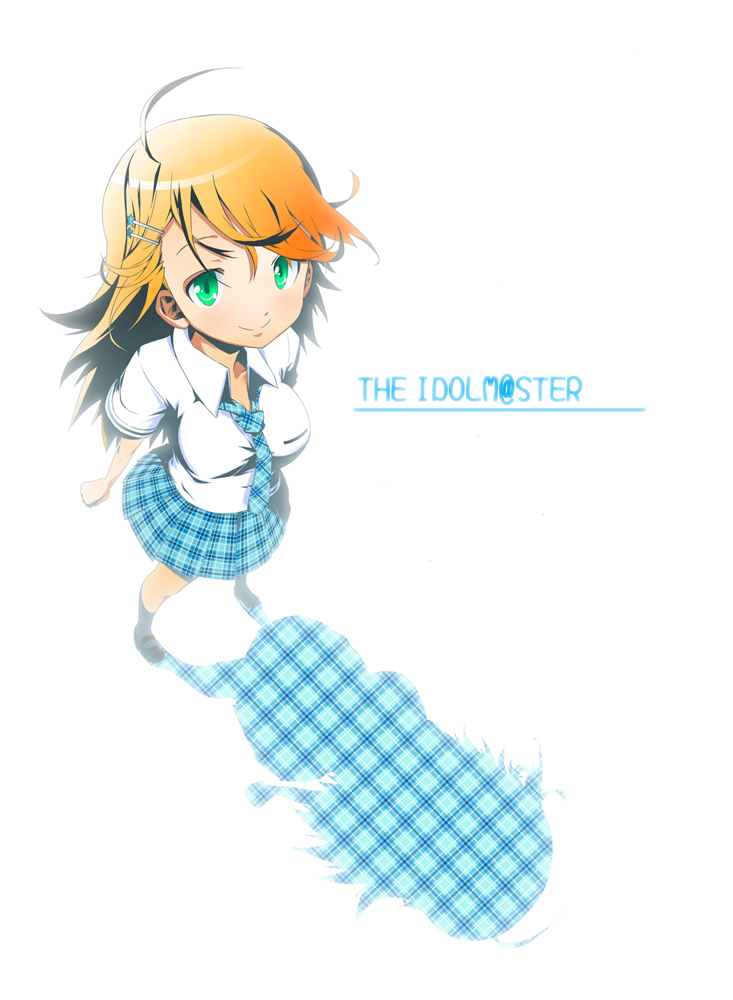 amami yayuki, yukipone, hoshii miki, idolmaster, idolmaster (classic), bad id, bad pixiv id, 00s, 1girl, ahoge, blonde hair, breasts, cleavage, female focus, green eyes, hair ornament, hairclip, necktie, orange hair, plaid clothes, plaid skirt, rough time school, school uniform, skirt, smile, solo