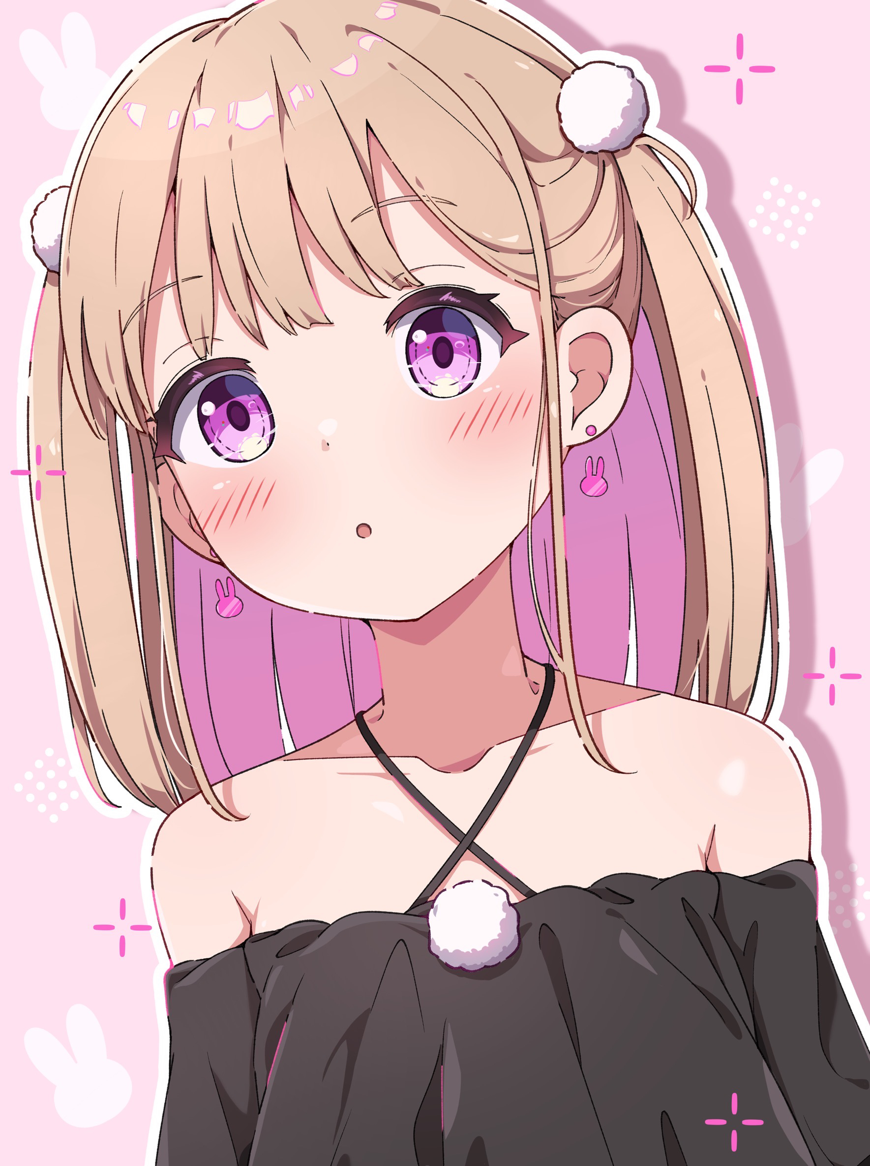 yu wo, original, highres, 1girl, :o, bare shoulders, black shirt, blush, collarbone, colored inner hair, earrings, halterneck, jewelry, looking at viewer, multicolored hair, off-shoulder shirt, off shoulder, parted lips, pink background, pink hair, pom pom (clothes), purple eyes, shirt, solo, twintails, two-tone hair, two side up, upper body, virtual youtuber