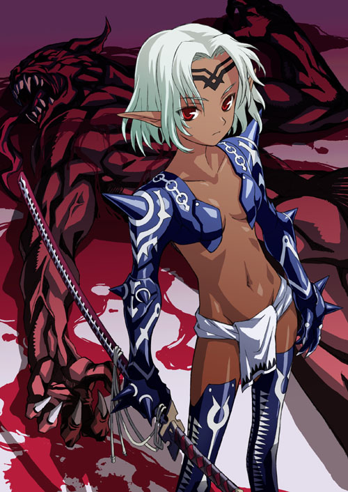 matsuryuu, source request, 1girl, armor, blood, breasts, dark-skinned female, dark skin, defeat, demon, elf, katana, loincloth, pointy ears, red eyes, short hair, small breasts, sword, weapon, white hair