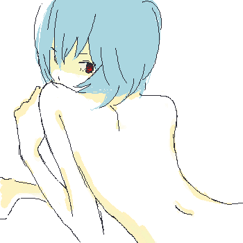 gen (susono01), ayanami rei, neon genesis evangelion, lowres, back, blue hair, looking back, nude, oekaki, pale skin, red eyes, short hair, solo