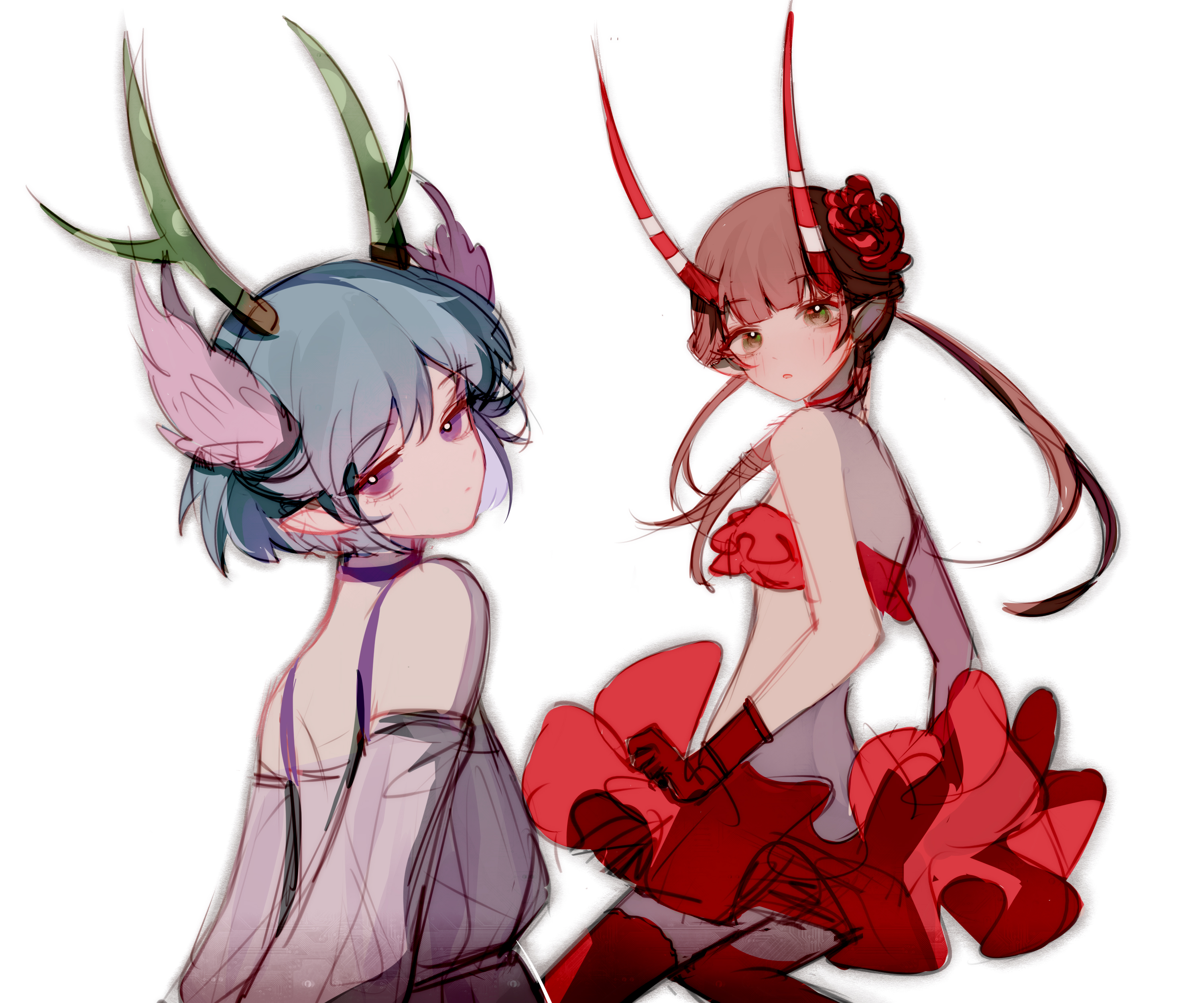 qing (dragonfly), mashu (control), q (control), c (control), absurdres, commentary, highres, 2girls, bare shoulders, blue hair, blush, brown hair, gloves, green eyes, green horns, horns, multiple girls, parted lips, pointy ears, purple eyes, red gloves, red horns, red skirt, red thighhighs, skirt, strapless, thighhighs, tube top, twintails, white background