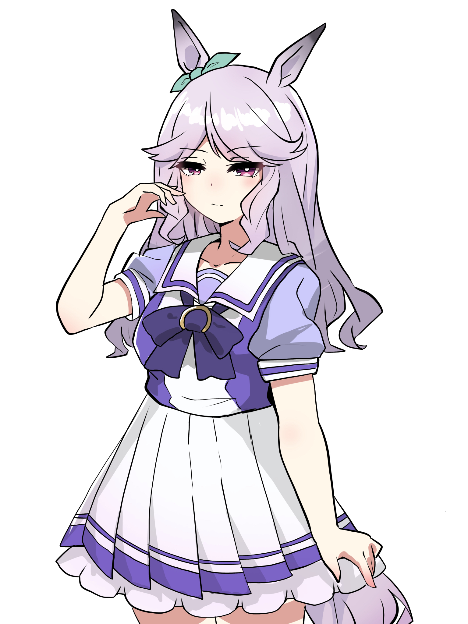 kawamochi (tddm3573), mejiro family matriarch, umamusume, highres, 1girl, animal ears, bow, closed mouth, collarbone, cowboy shot, ear ribbon, green ribbon, hand up, horse ears, horse girl, horse tail, long hair, looking at viewer, pleated skirt, puffy short sleeves, puffy sleeves, purple bow, purple eyes, purple hair, purple shirt, ribbon, school uniform, shirt, short sleeves, simple background, skirt, solo, standing, tail, tracen school uniform, white background, white skirt