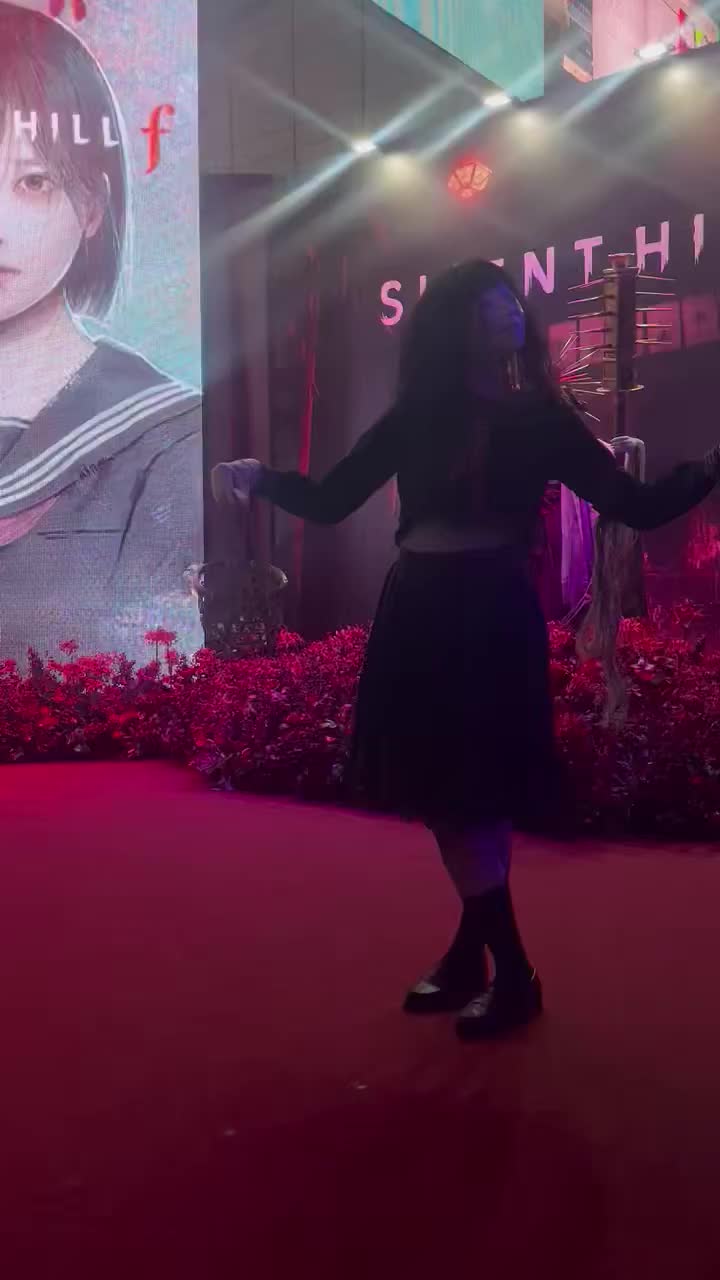 ayakakashi, real life, silent hill (series), silent hill f, animated, highres, photo (medium), tagme, video, ayakakashi (cosplay), bent over, black eyes, black hair, black serafuku, black shirt, black skirt, breasts, cosplay, expressionless, hair between eyes, japanese (nationality), logo, looking at viewer, midriff, navel, neckerchief, photo (object), red neckerchief, rope, rope marks, school uniform, serafuku, shaded face, shirt, short hair, skirt, smile, torn clothes, torn shirt, torn skirt, underboob, walking