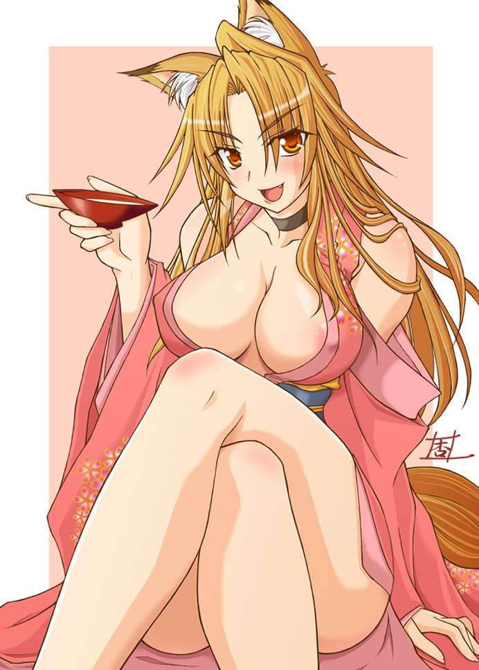 izayoi anzu, original, artist request, jpeg artifacts, 1girl, alcohol, animal ears, areola slip, blonde hair, breasts, brown eyes, choker, cleavage, crossed legs, cup, drunk, fang, female focus, fox, fox ears, happy, japanese clothes, kimono, large breasts, long hair, nipple slip, nipples, open mouth, orange eyes, red kimono, sakazuki, sake, sitting, smile, solo, tail, thighs, yukata