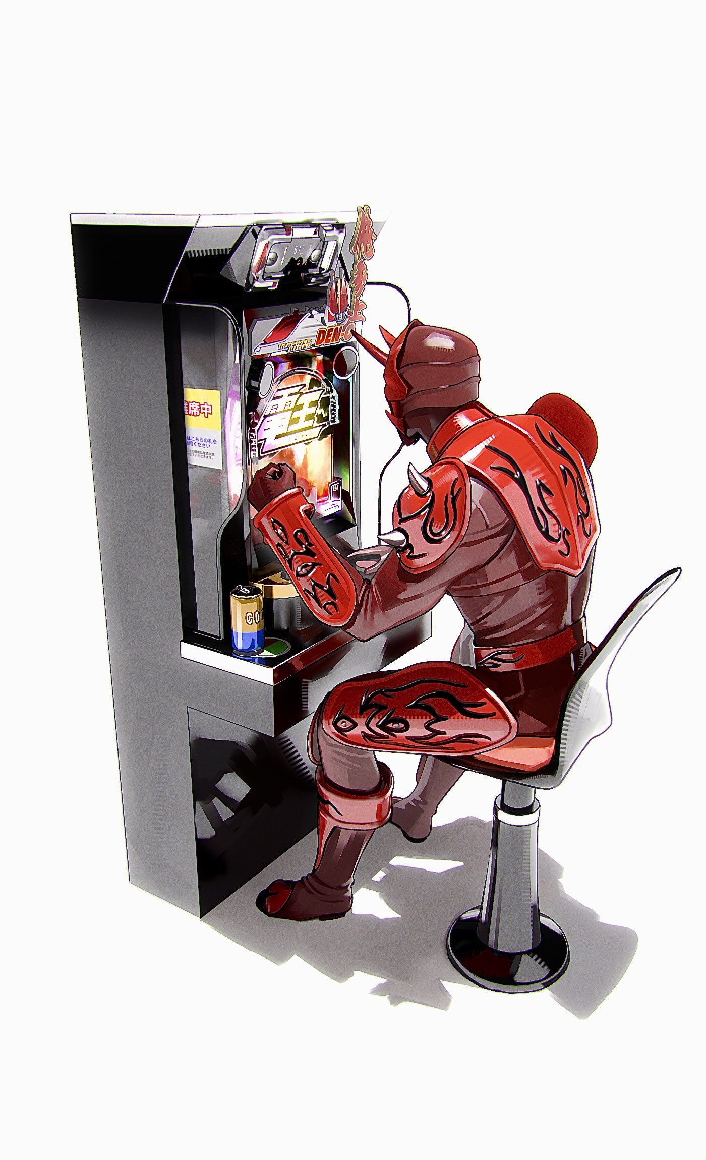 m a e u m, momotaros, kamen rider, kamen rider den-o (series), 1boy, armor, can, chair, drink can, energy drink, gambling, japanese text, machine, male focus, monster, monster boy, oni, pachinko, red armor, sign