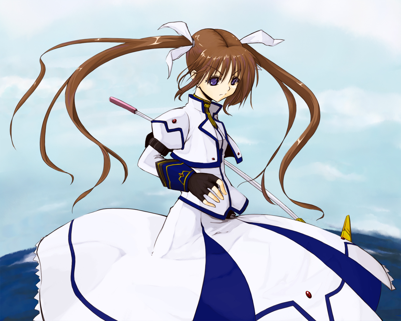 nanotsuki, raising heart, takamachi nanoha, takamachi nanoha (exceed mode), lyrical nanoha, mahou shoujo lyrical nanoha, uniform, 00s, 1girl, black gloves, blue eyes, dress, female focus, fingerless gloves, gloves, hair ribbon, looking at viewer, ribbon, solo, twintails, white dress, white ribbon