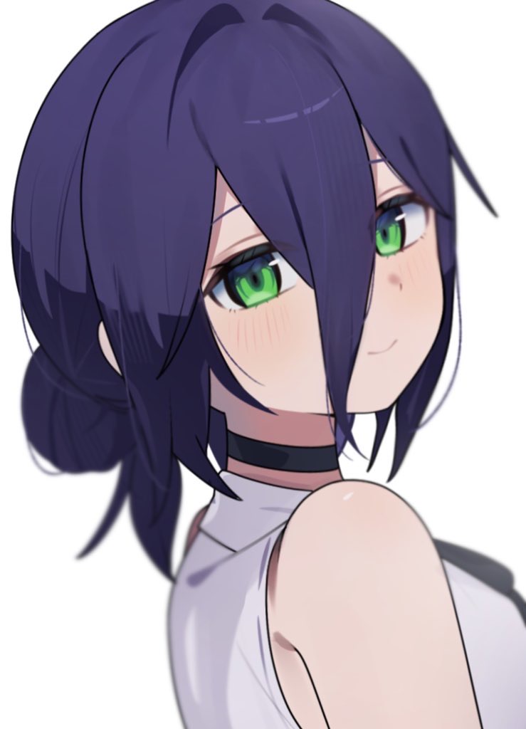 peso (pesomeren), reze (chainsaw man), chainsaw man, 1girl, black choker, black ribbon, blue hair, choker, closed mouth, green eyes, hair between eyes, hair bun, light smile, looking at viewer, neck ribbon, ribbon, shirt, simple background, sleeveless, sleeveless shirt, solo, white background, white shirt