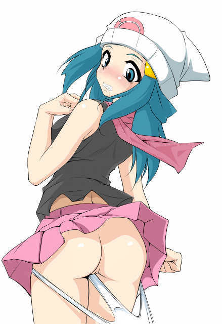 endou masatoshi, dawn (pokemon), nintendo, pokemon, non-web source, 1girl, ass, beanie, blue eyes, blue hair, blush, embarrassed, female focus, hat, humiliation, loli, matching hair/eyes, miniskirt, panties, panty pull, pussy, scarf, simple background, skirt, solo, surprised, uncensored, underwear, upskirt, white background