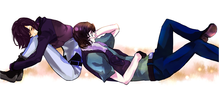 mi ^ ko, miko (yayamiko), lockon stratos, neil dylandy, tieria erde, gundam, gundam 00, bad id, bad pixiv id, 00s, 2boys, back-to-back, brown hair, male focus, multiple boys, purple hair