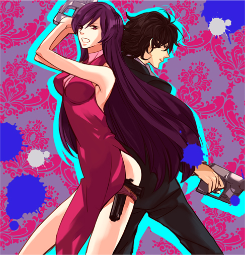 mi ^ ko, miko (yayamiko), setsuna f. seiei, tieria erde, gundam, gundam 00, 00s, 2boys, dress, gun, multiple boys, purple hair, trap, weapon