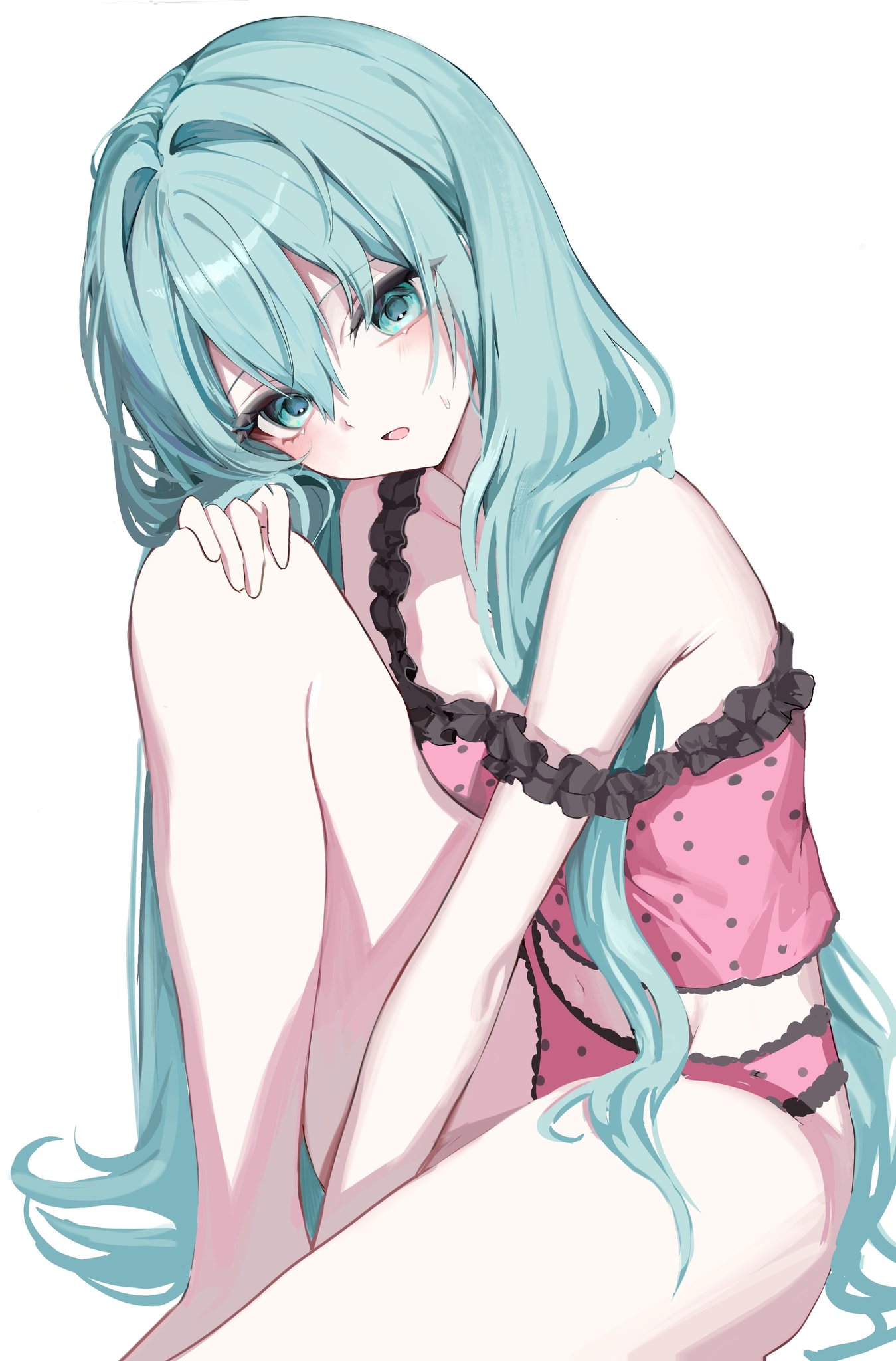 s im7u, hatsune miku, romeo to cinderella (vocaloid), vocaloid, highres, revision, 1girl, aqua eyes, aqua hair, bare arms, bare legs, bare shoulders, barefoot, between legs, blush, breasts, camisole, cleavage, collarbone, foot out of frame, frilled camisole, frilled panties, frills, hair between eyes, hair down, hand between legs, hand on own knee, knee up, long hair, looking at viewer, midriff, navel, open mouth, panties, pink camisole, pink panties, polka dot, polka dot camisole, polka dot panties, sidelocks, simple background, sitting, small breasts, solo, strap slip, sweatdrop, thighs, underwear, very long hair, white background